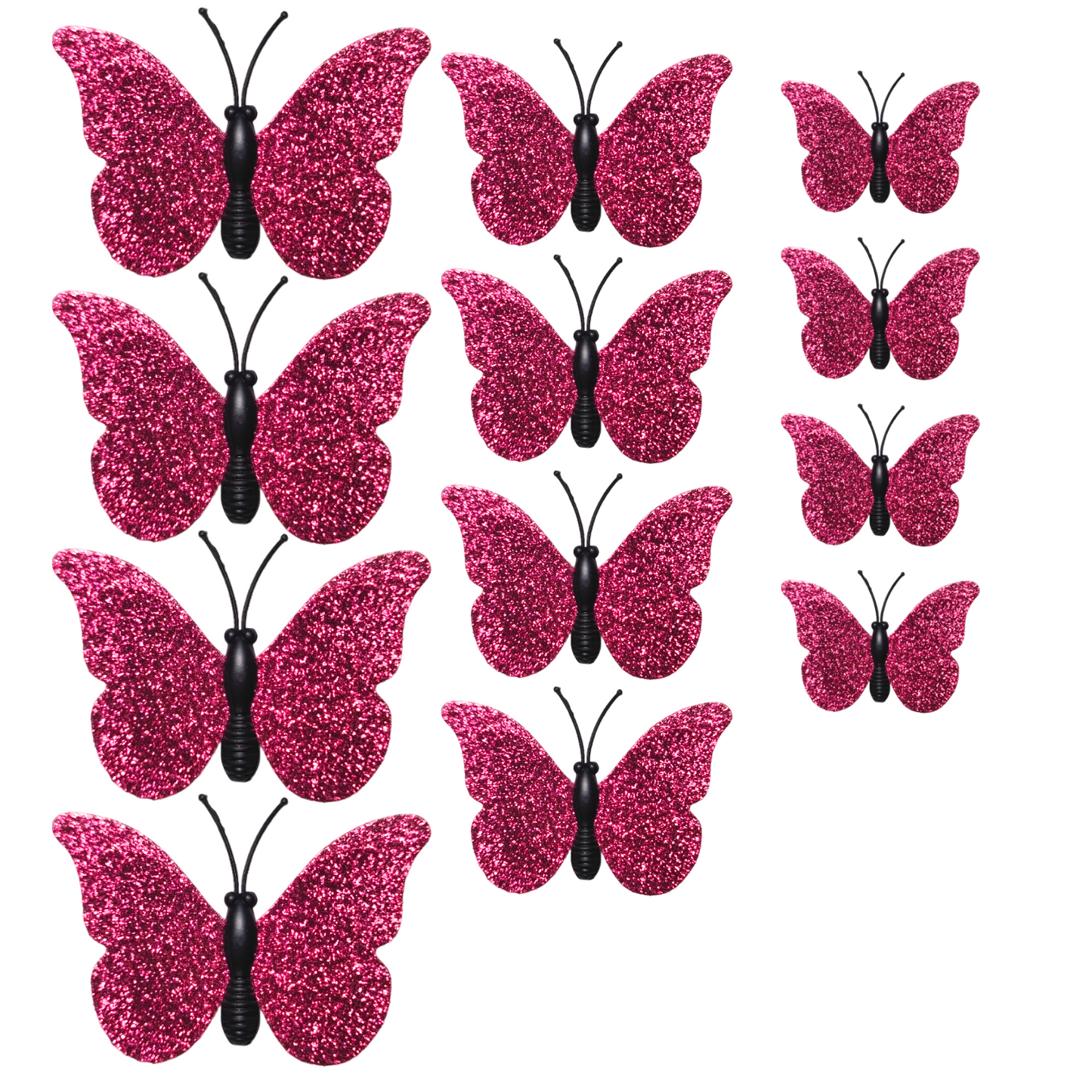 Set 12 Fluturi Topper Tort 3 Marimi Roz Inchis Sclipici