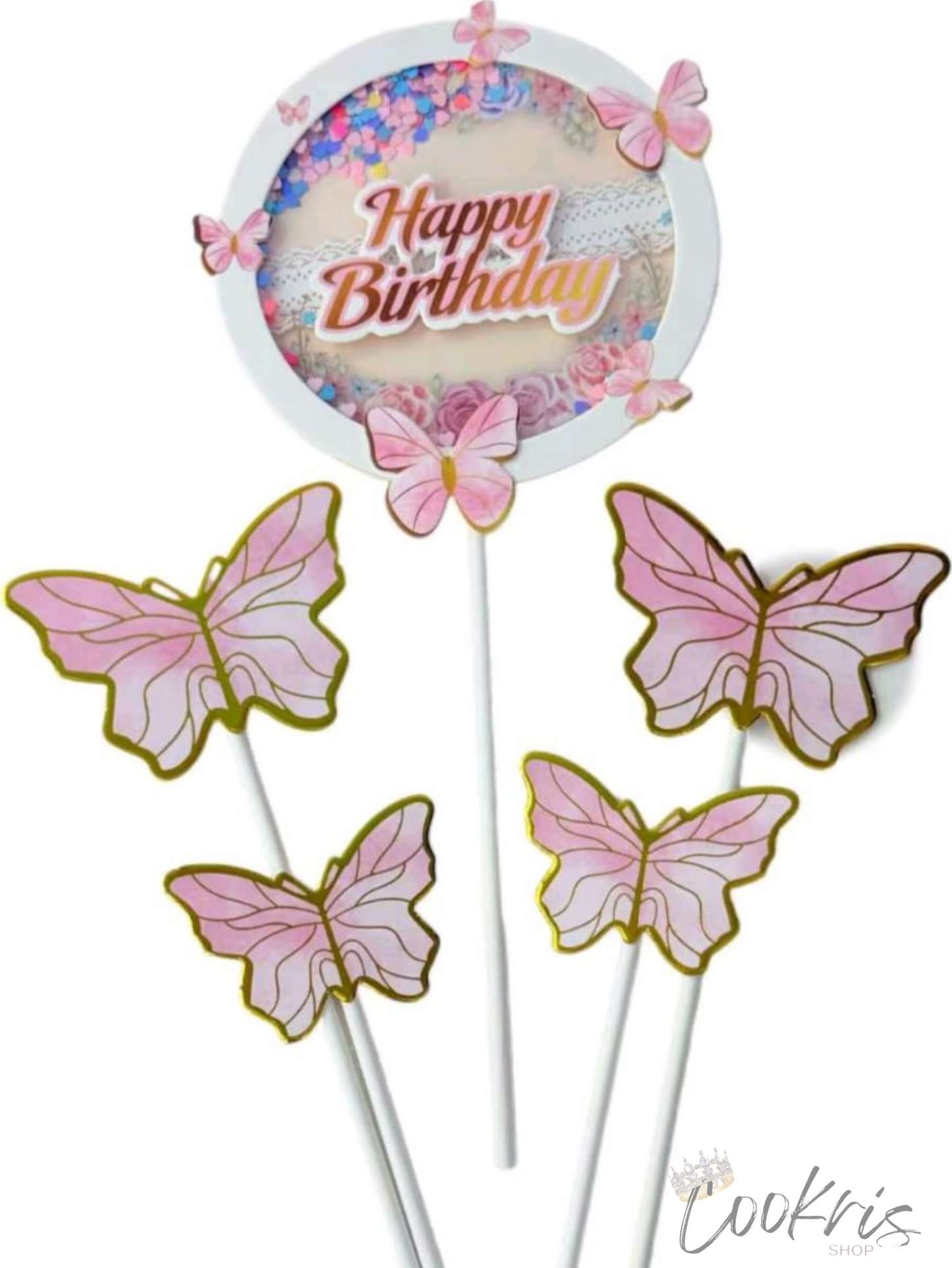 Set Decor Tort Fluturi Roz Happy Birthday