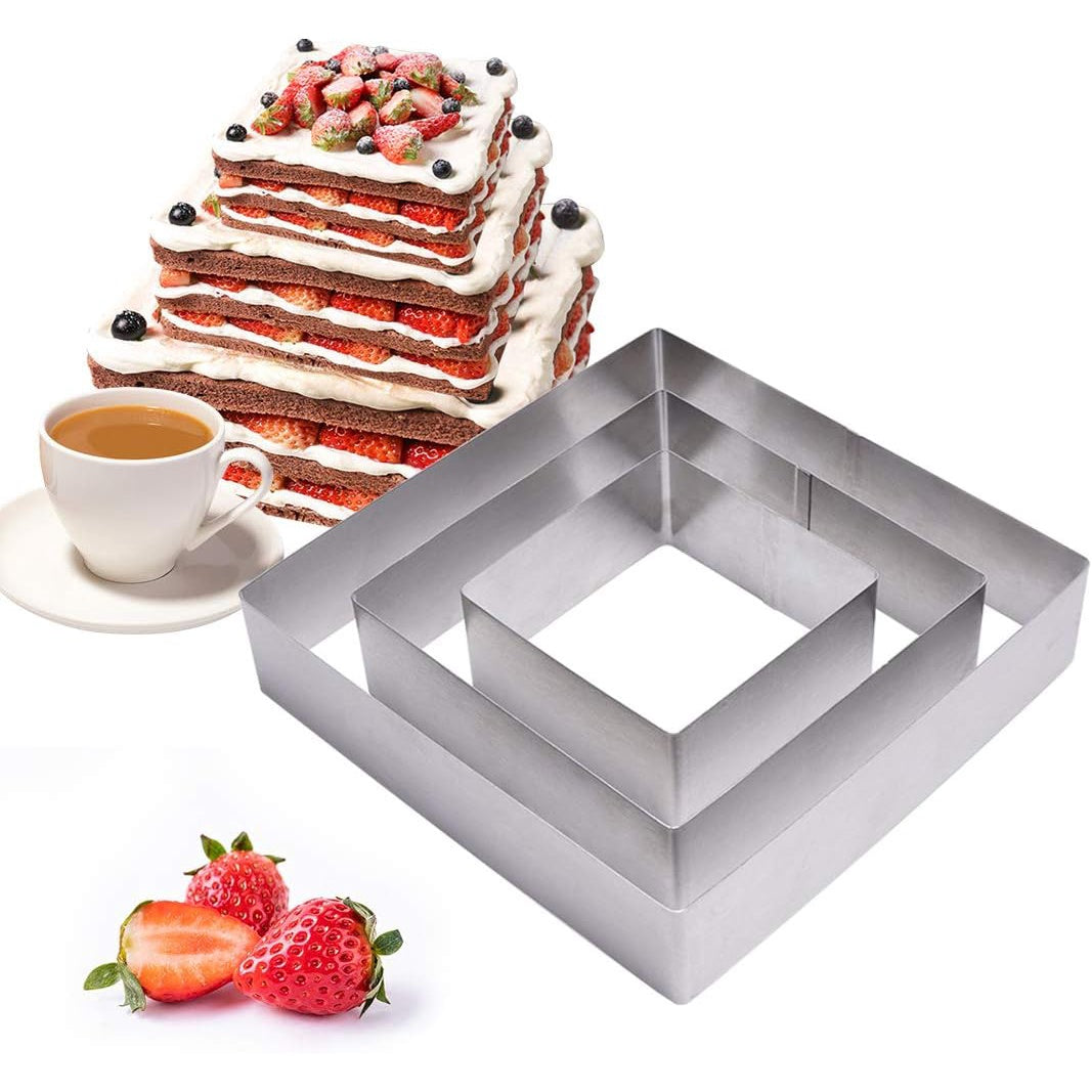 Set 3 Rame Pentru Tort Patrat, Inox (10-15-20 cm pe 4.5 cm)