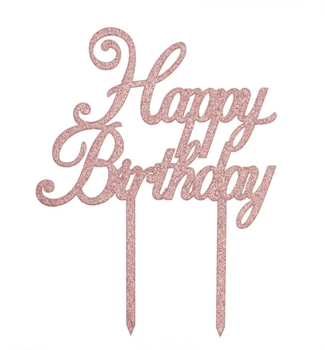 Topper Acrilic Happy Birthday Roz Sclipici