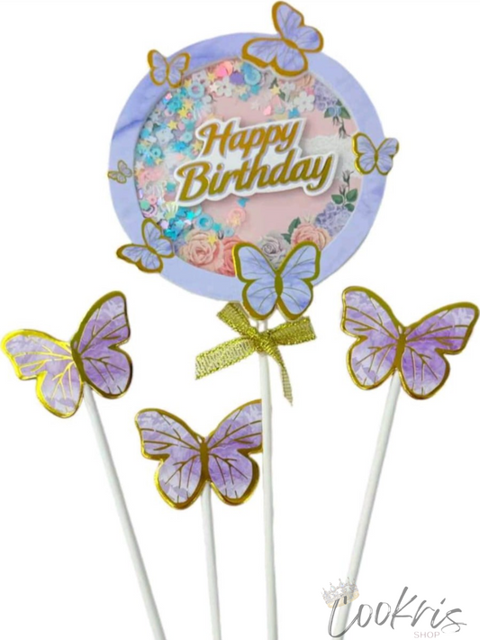 Set Decor Tort Fluturi Mov Happy Birthday