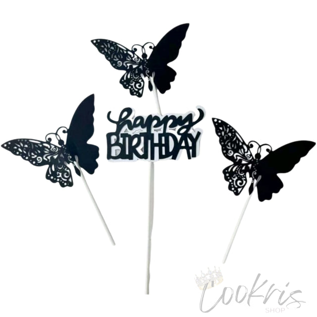 Set Decor Tort Fluturi Negru Happy Birthday