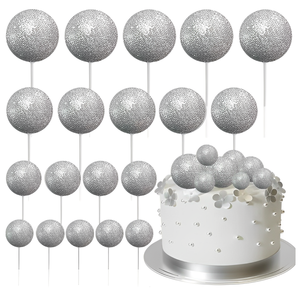 Set 20 Sfere Tort Topper Argintiu Sclipici